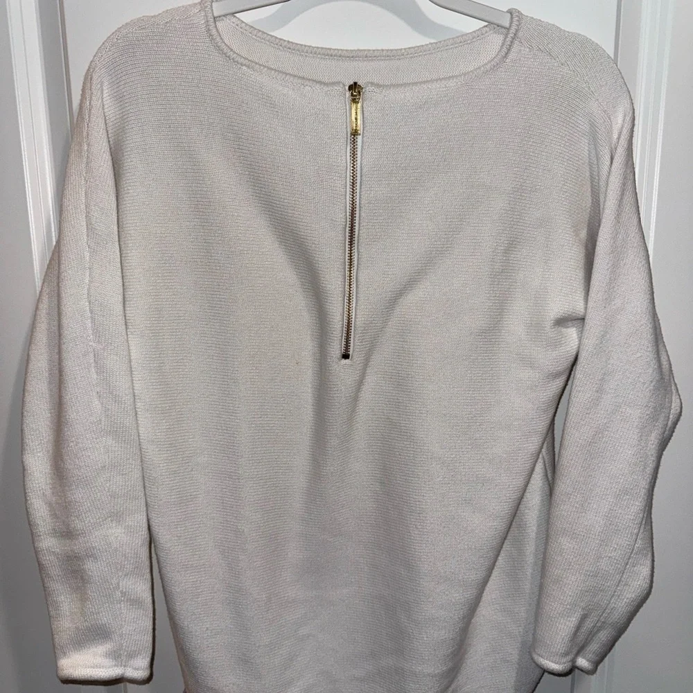 Micheal Kors Women White Crew neck sweater with zip up back top size Small